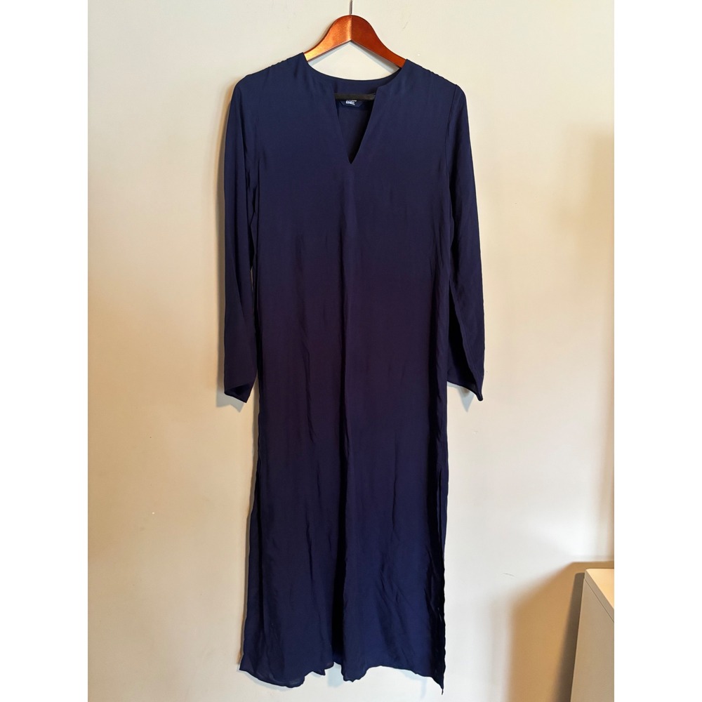 Lands End Navy Modal Maxi Kaftan Dress Lounge Resort V Neck Long Sleeve XS